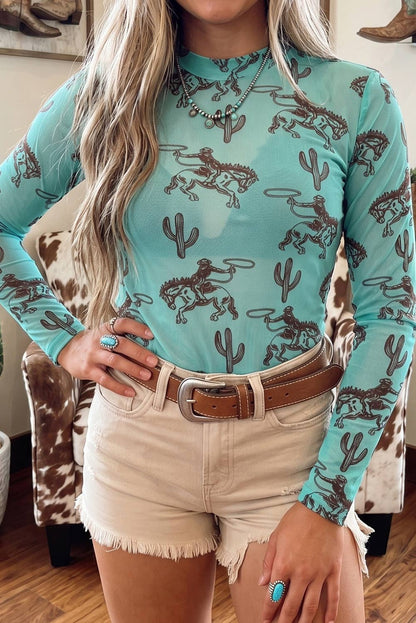 Western Print Mock Neck Mesh Top:
