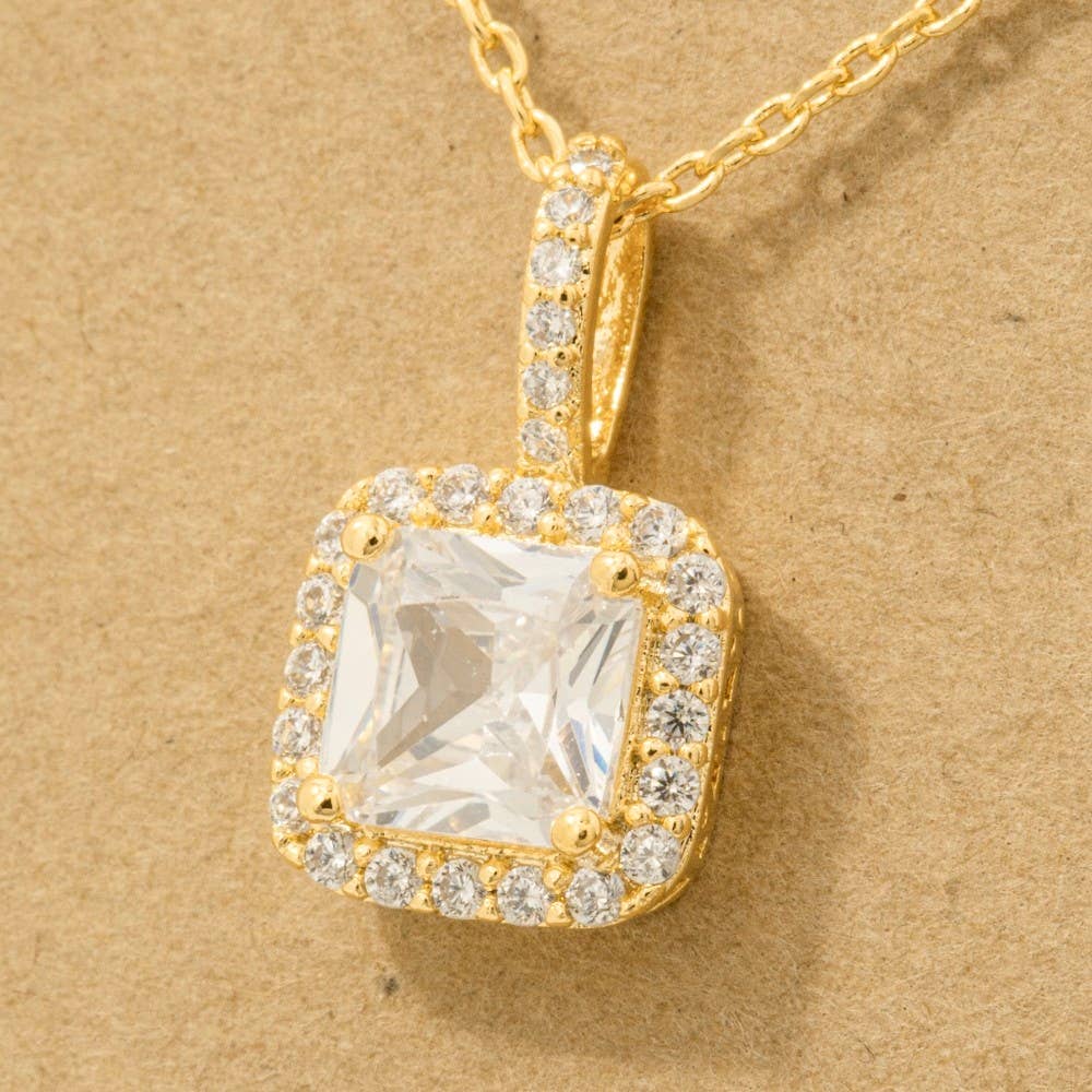 Gold Dipped Square Rhinestone Pendant Necklace: S