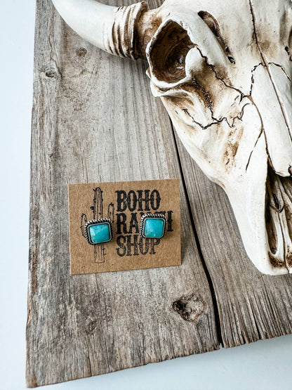 Western Mini Stone Stud Earrings - Heart Square Circle Bar: CIRCLE - TURQUOISE