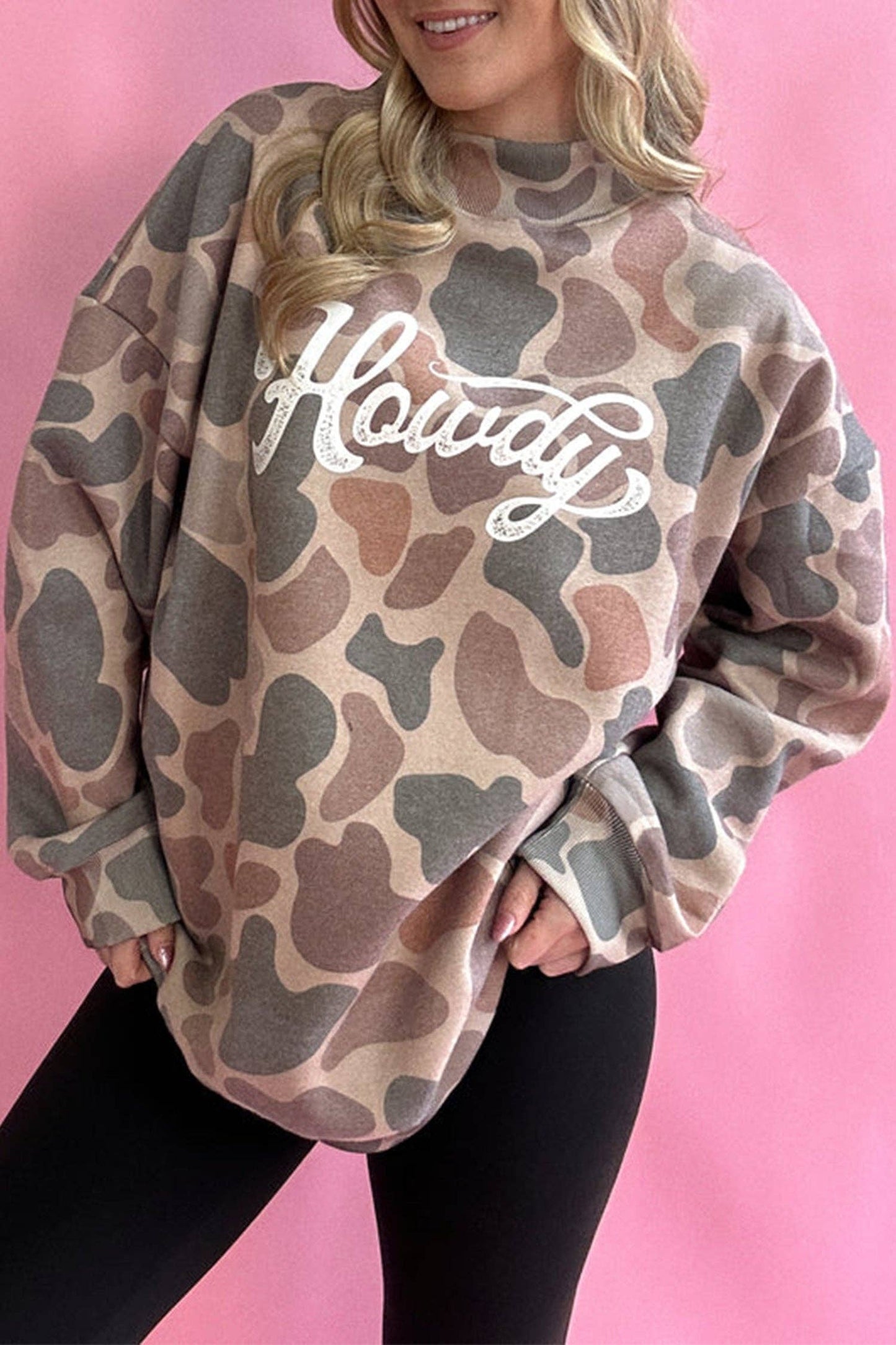Multicolour Camo Print Howdy Western Style Baggy Pullover Sweatshirt: Multicolour / 100%Polyester