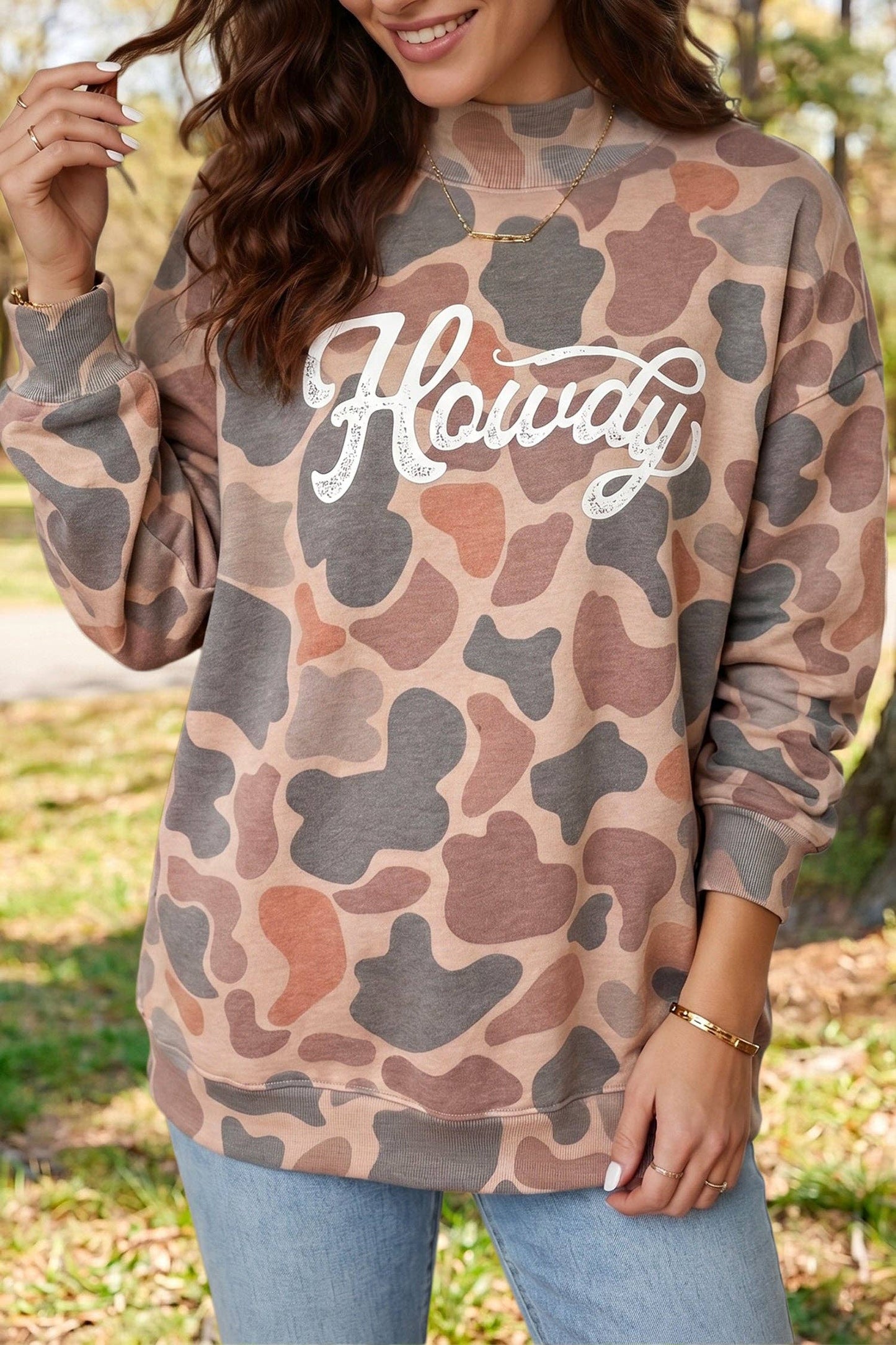 Multicolour Camo Print Howdy Western Style Baggy Pullover Sweatshirt: Multicolour / 100%Polyester