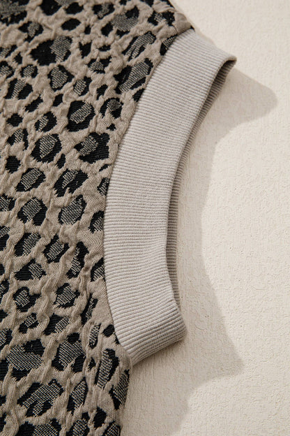 Leopard Textured Zip Polo Top Cap Sleeve Casual Knit: Beige / 85%Polyester+10%Cotton+5%Elastane /