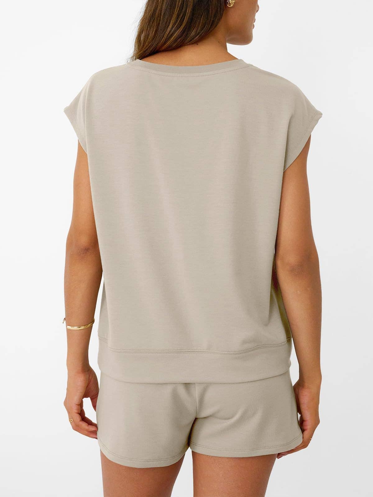 Casual Lounge Set Cap Sleeve Top Drawstring Shorts: Khaki / 65%Polyester+30%Viscose+5%Elastane / L