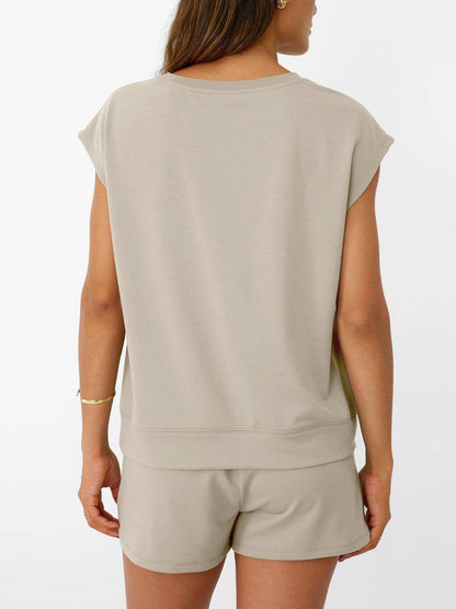 Casual Lounge Set Cap Sleeve Top Drawstring Shorts: Khaki / 65%Polyester+30%Viscose+5%Elastane / L