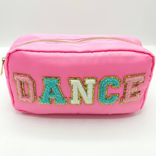 Cosmetic or Toiletry Bag with Varsity Letter Patches: Light Pink with DANCE