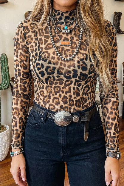 LDC Leopard Slim Fit Floral Mesh Long Sleeve Mock Neck Top: Camel