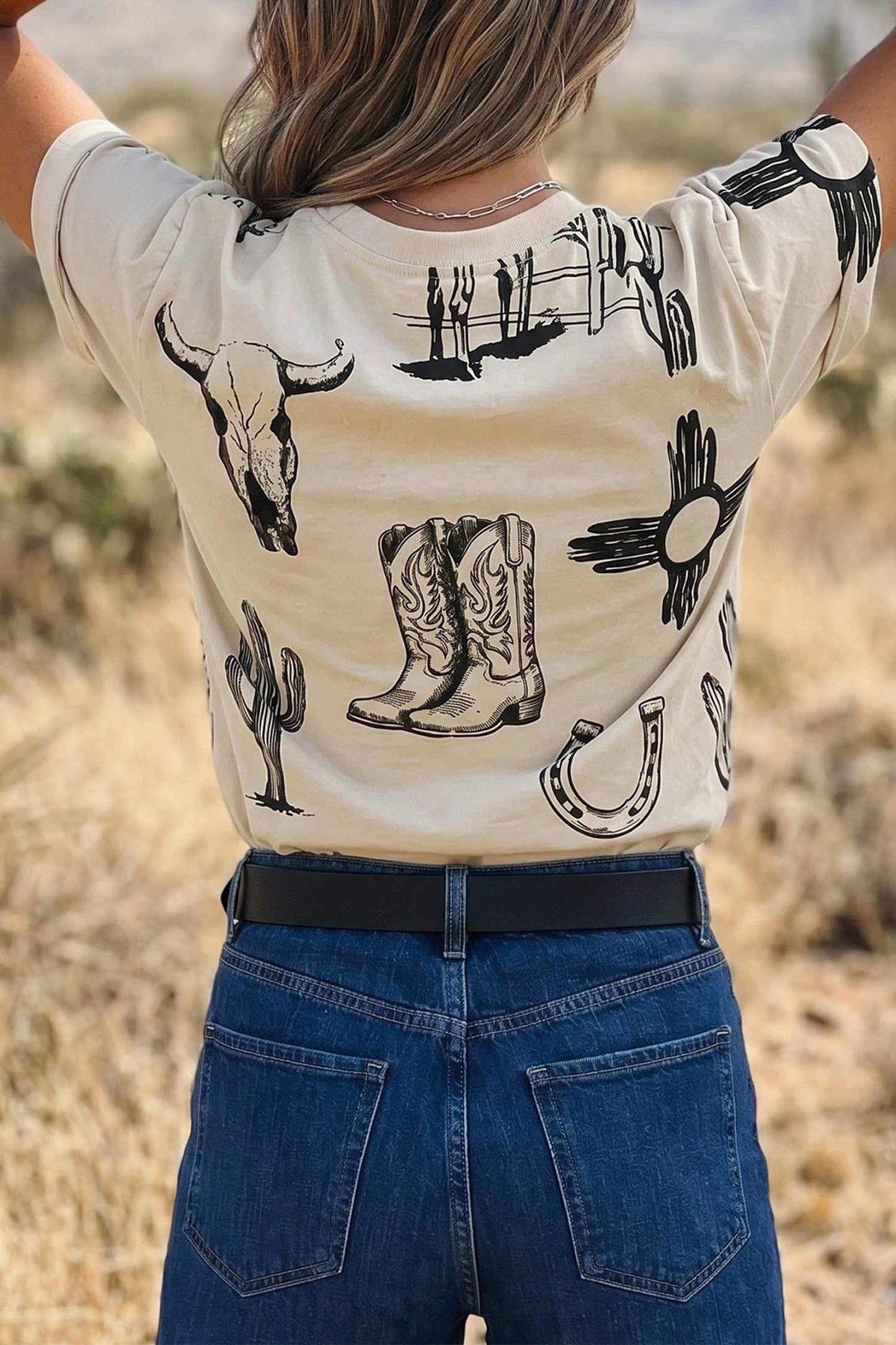 Beige Retro Western Print T Shirt: Beige / 95%Polyester+5%Elastane