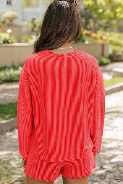 Corded Knit Long Sleeve Top and High Waist Shorts Set: Gold Flame / 75%Polyester+20%Viscose+5%Elastane