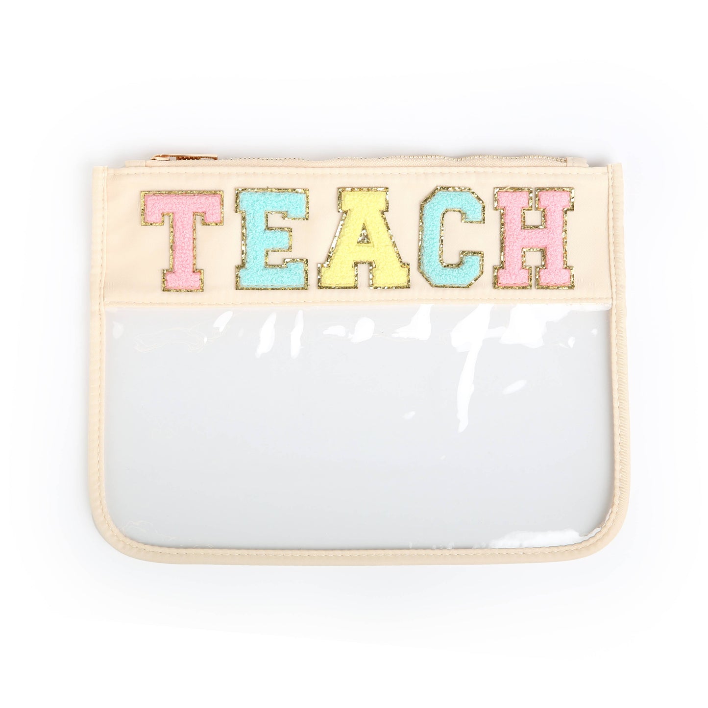 Varsity Letter Patch Clear Zippered Pouch Bag: White with TRAVEL