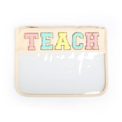 Varsity Letter Patch Clear Zippered Pouch Bag: White with TRAVEL