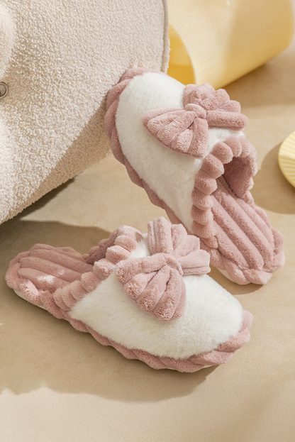 LDC Bow Decor Color Block Ribbed Plush Slippers: Fushia