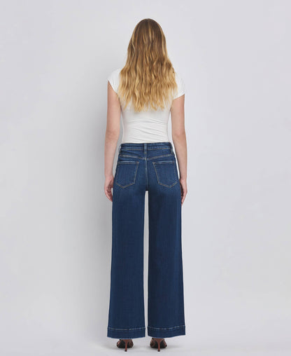 HIGH RISE PATCH POCKET TROUSER  HEM WIDE JEANS F5764D: DARK DENIM