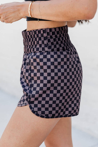 66 Leopard/Checkered High Waisted Athletic Shorts (S-XL): Brown Checkered / Missy