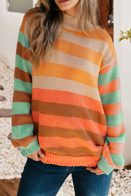 LDC Stripe Color Block High Neck Drop Shoulder Cozy Sweater: Orange