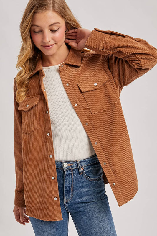 CORDUROY BUTTON DOWN SHACKET WITH POCKETS: