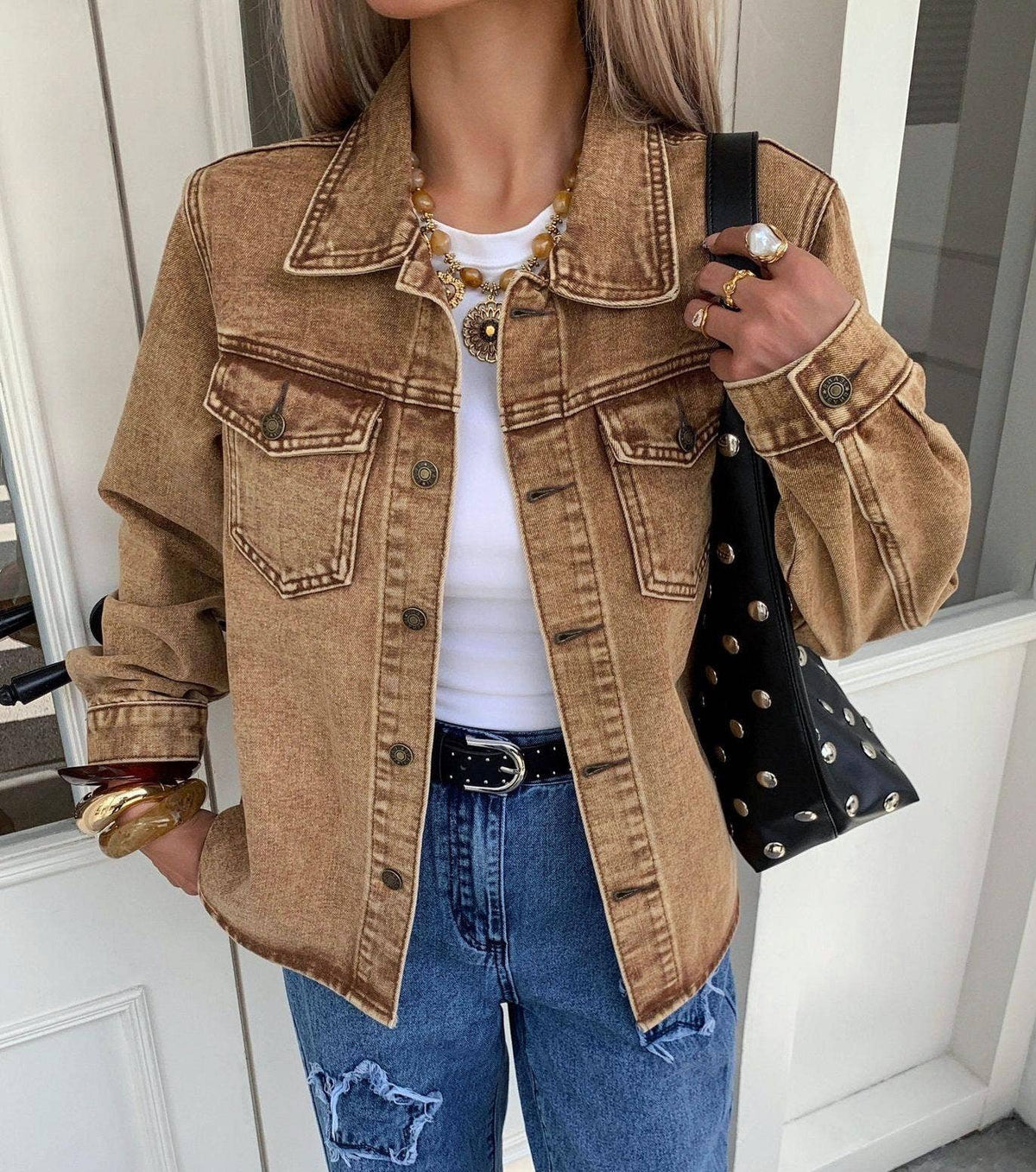 Classic lapel khaki denim jacket: Brown / L