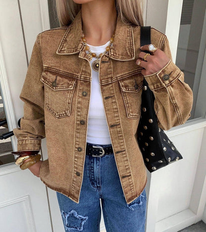 Classic lapel khaki denim jacket: Brown / L