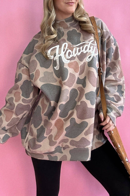 Multicolour Camo Print Howdy Western Style Baggy Pullover Sweatshirt: Multicolour / 100%Polyester
