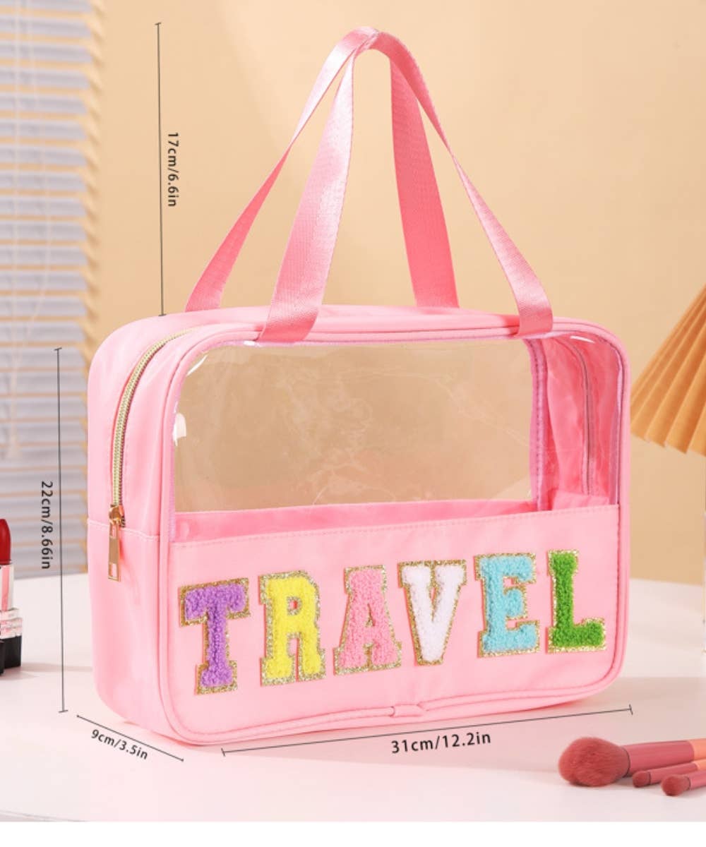 TRAVEL LETTER CLEAR MAKEUP BAG : Pink