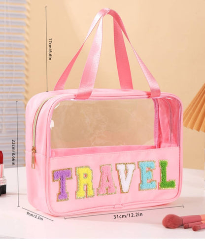 TRAVEL LETTER CLEAR MAKEUP BAG : Pink