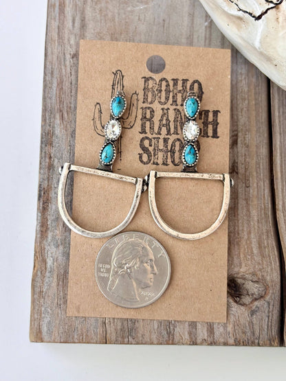 Western Horsebit Stone & Rhinestone Post Drop Earrings: Gold