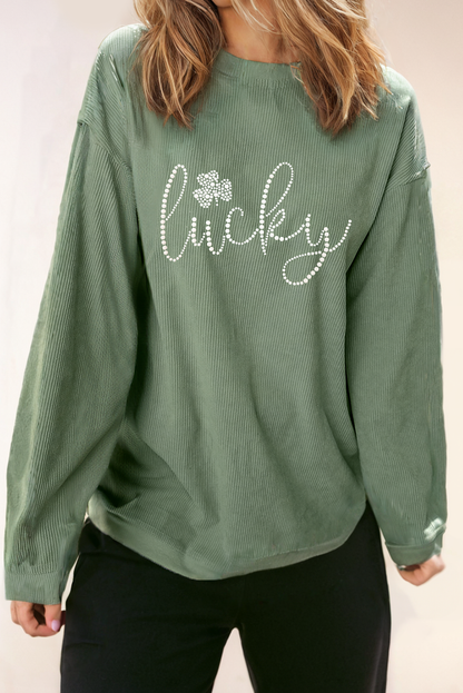Rhinestone lucky Clover Graphic Ribbed St Patrick Sweatshirt: Green / Missy