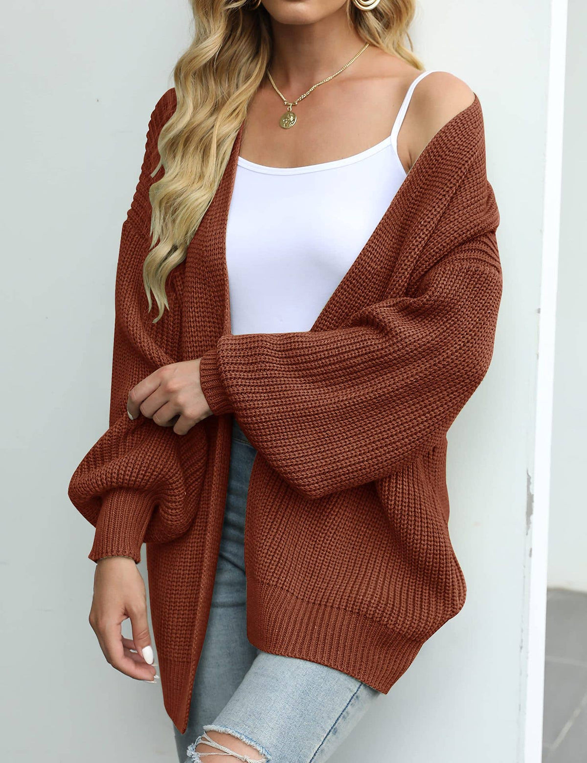 Balloon-Sleeved Chunky Needle Cardigan: Coffee / L
