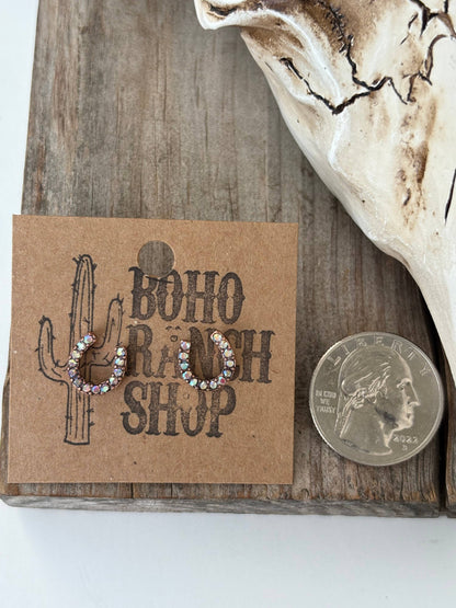 Dainty Western Style Horseshoe with Rhinestone Earrings: 1. Silver AB Clear