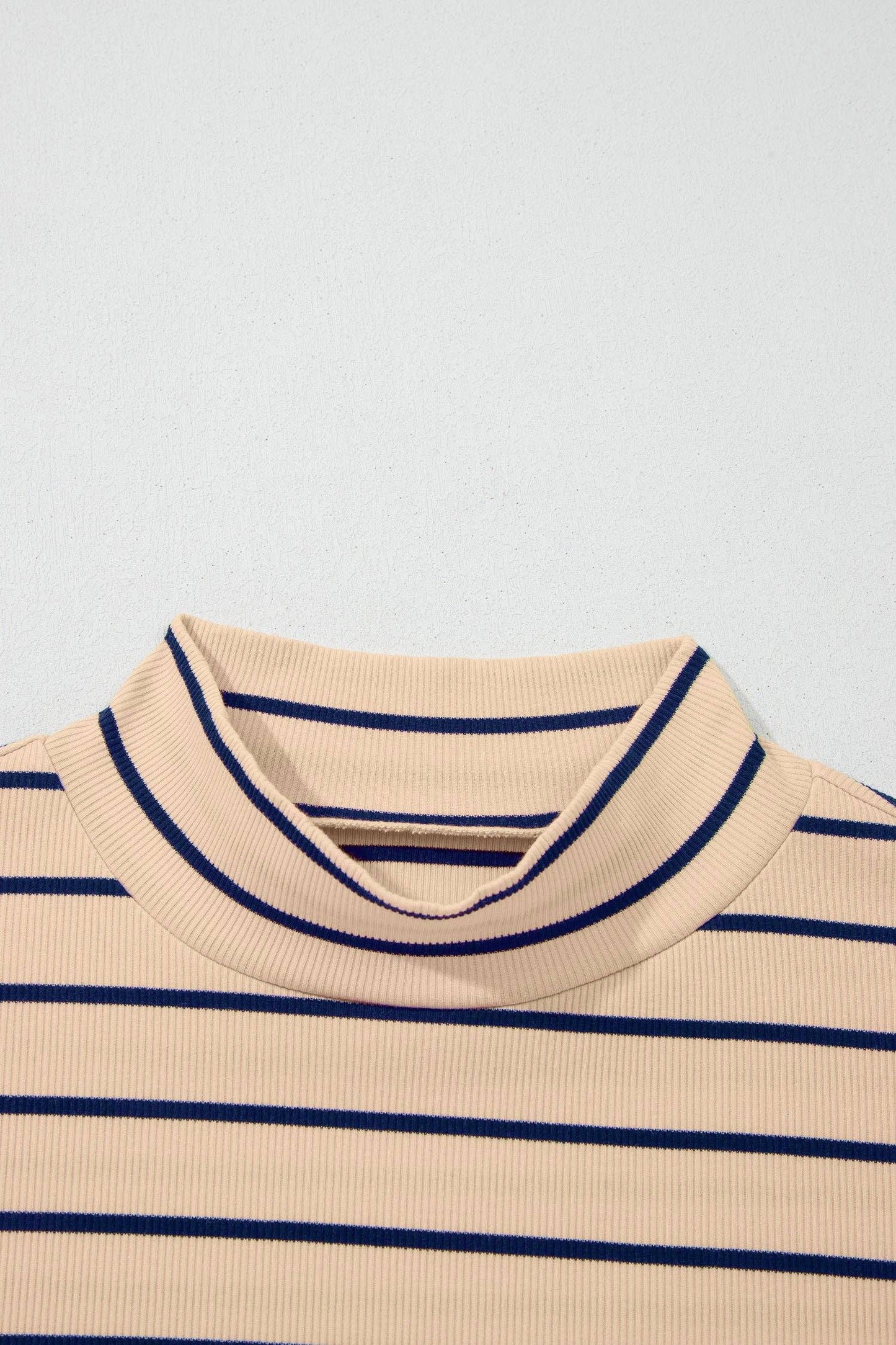 Khaki Stripe Mock Neck Short Sleeve Loose Top: Khaki Stripe / 95%Cotton+5%Elastane