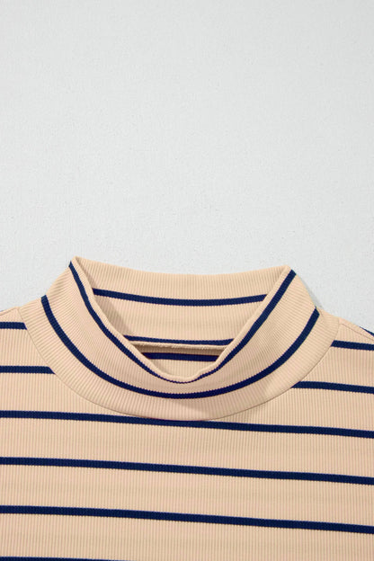 Khaki Stripe Mock Neck Short Sleeve Loose Top: Khaki Stripe / 95%Cotton+5%Elastane