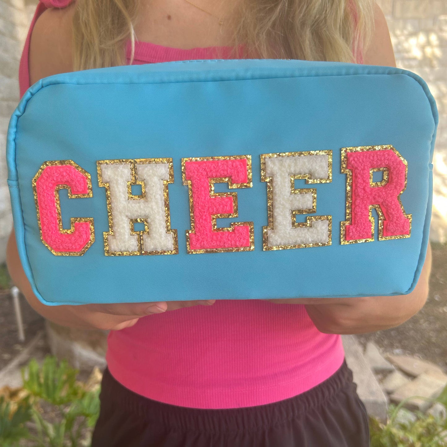 Cosmetic or Toiletry Bag with Varsity Letter Patches: Light Pink with DANCE