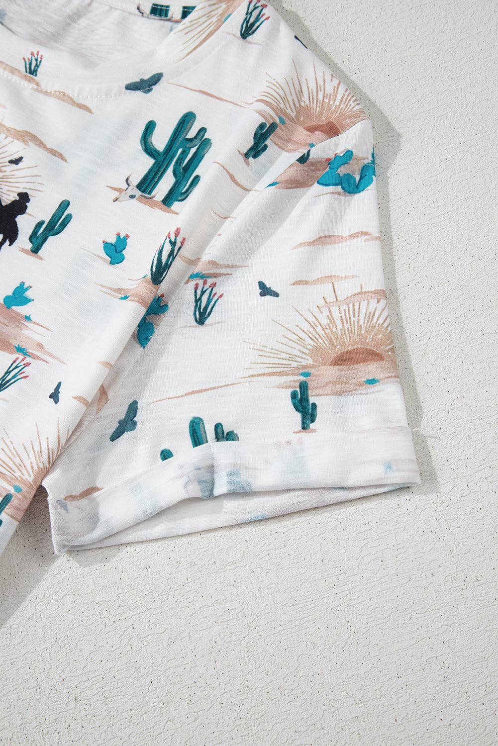 Beige Western Cactus Print Crew Neck Short Sleeve Top: Beige / 95%Polyester+5%Elastane