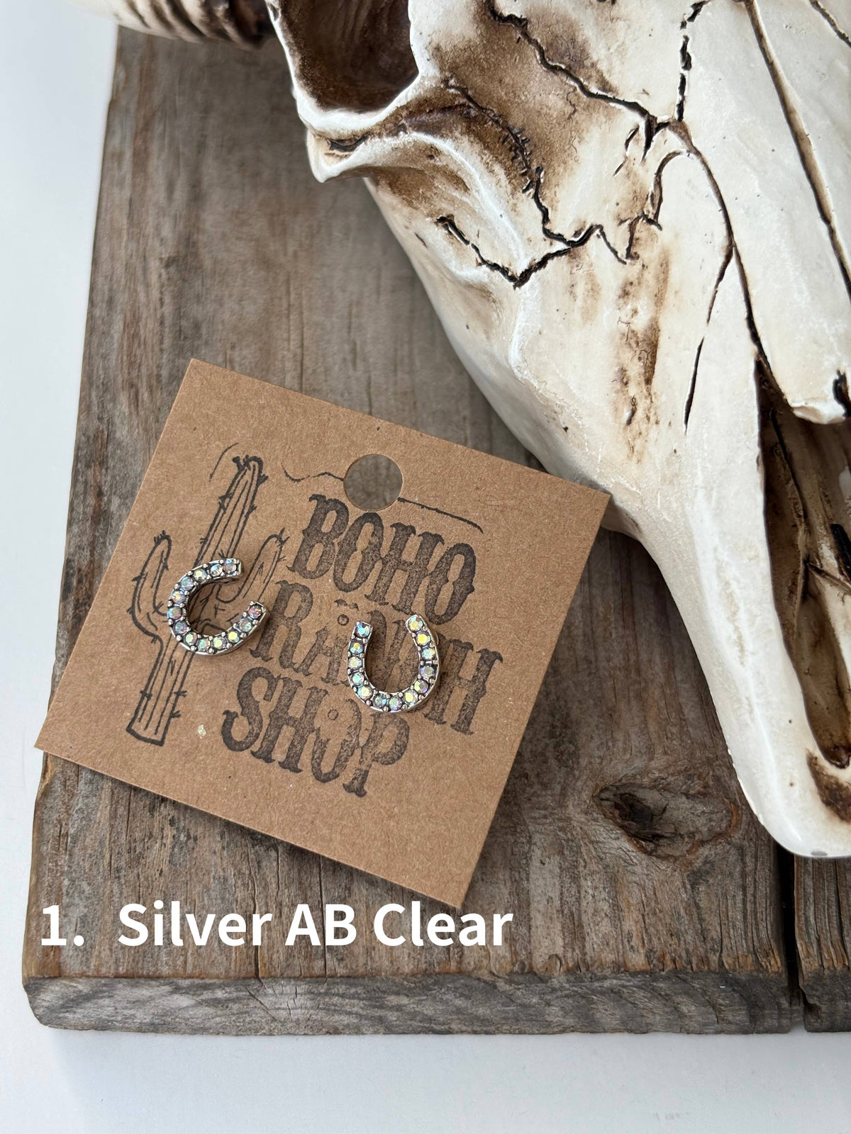 Dainty Western Style Horseshoe with Rhinestone Earrings: 1. Silver AB Clear