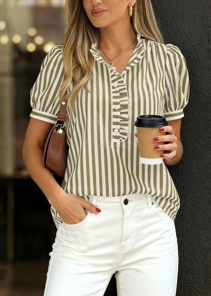 Striped Ruffle V Neck Blouse Puff Sleeve Summer Top: Khaki / 100%Viscose