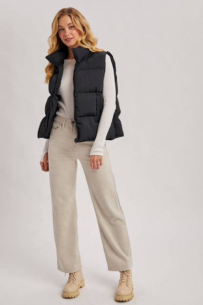 ZIPPER FRONT PUFFER VEST: Black