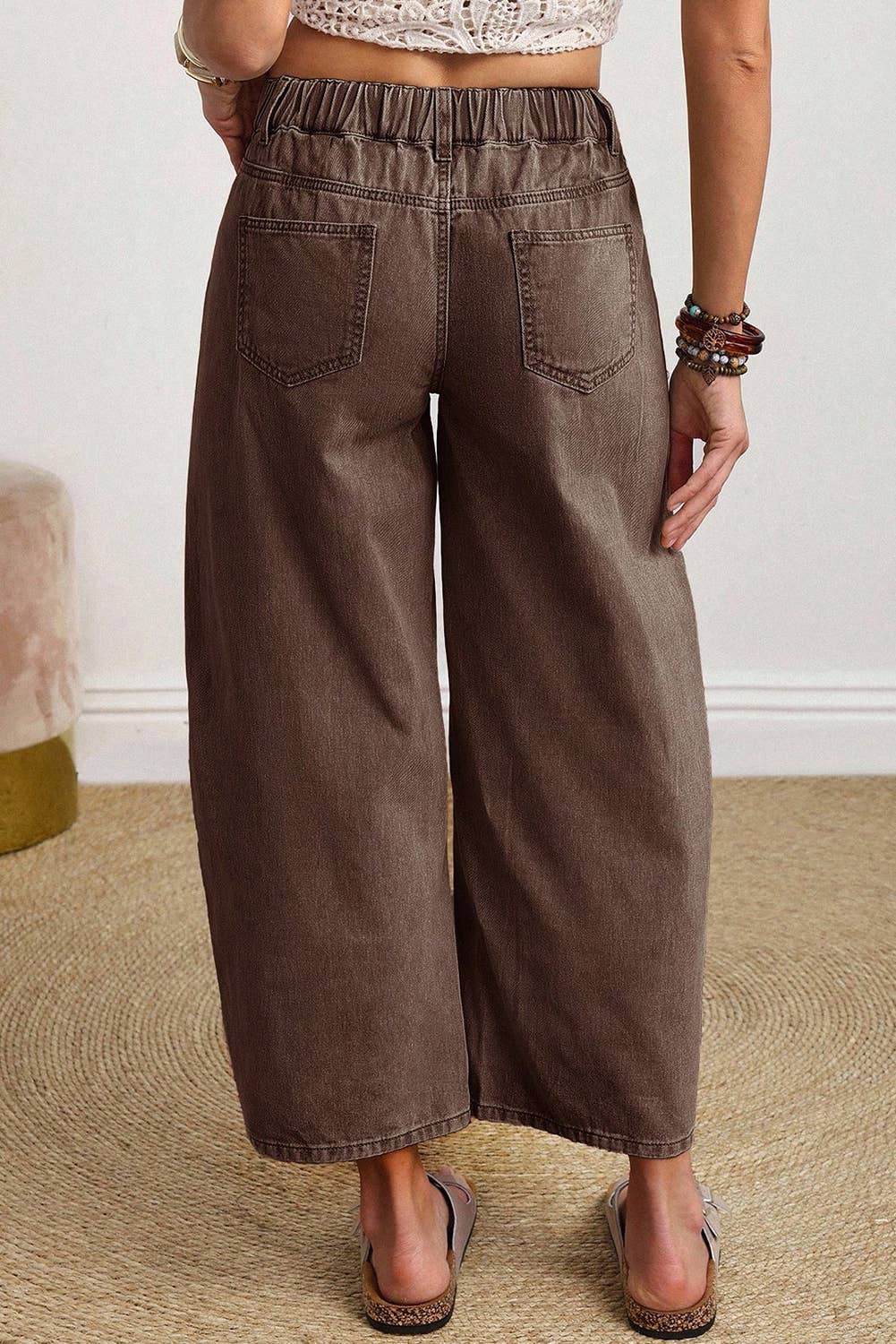 LDC Solid Square Patch Pocket Ankle-length Barrel Jeans: Coffee