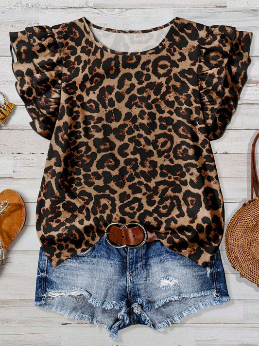 Western Vintage Summer Ruffled Sleeve Leopard Print Top: Khaki