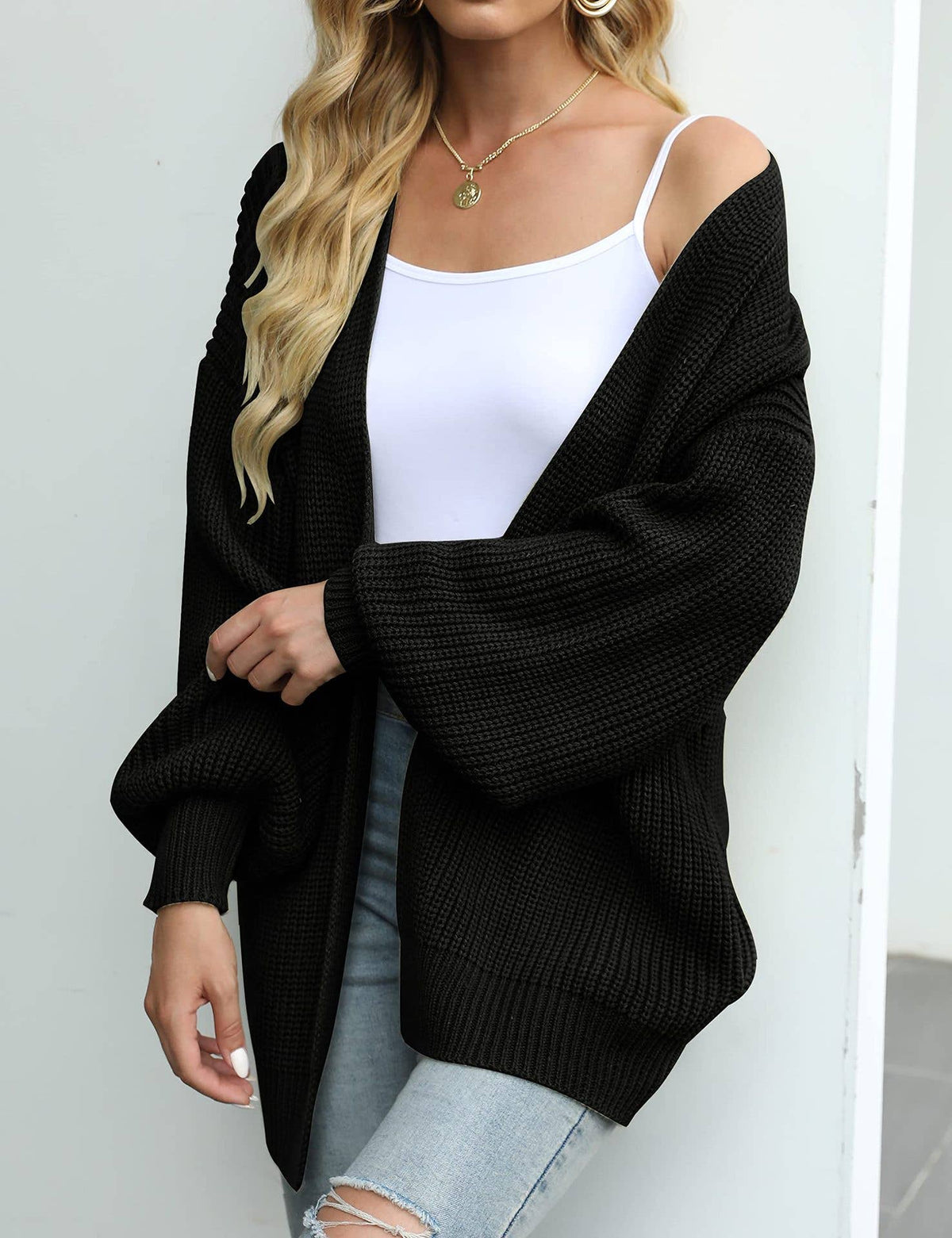 Balloon-Sleeved Chunky Needle Cardigan: Black / L