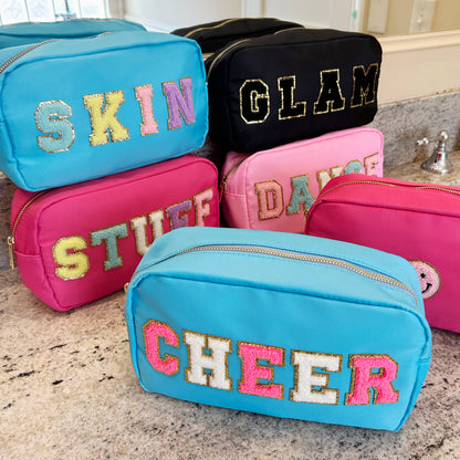 Cosmetic or Toiletry Bag with Varsity Letter Patches: Light Pink with DANCE