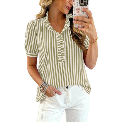 Striped Ruffle V Neck Blouse Puff Sleeve Summer Top: Khaki / 100%Viscose