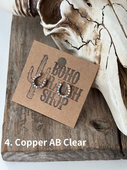Dainty Western Style Horseshoe with Rhinestone Earrings: 1. Silver AB Clear
