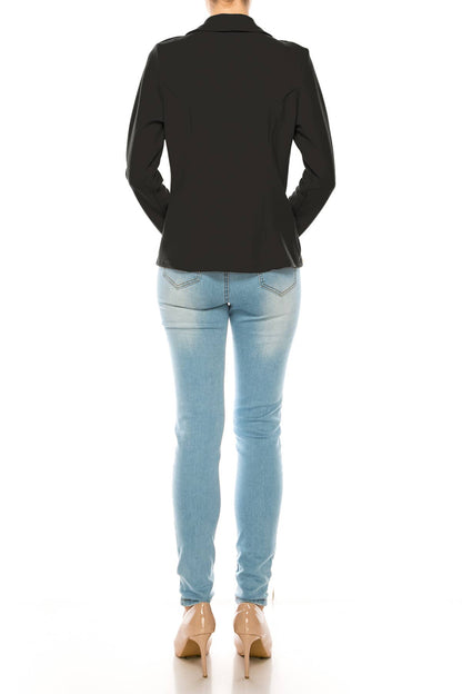 Women’s Solid Open Front Fitted Blazer Jacket – Waist Length: Black
