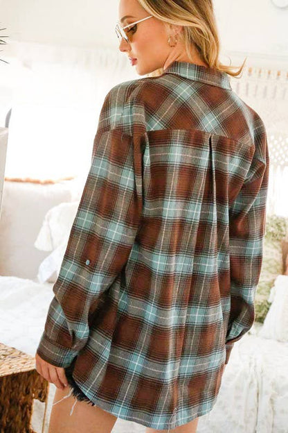Collared Pocket Detail Roll-Up Cotton Plaid Shirt VT70146C: Misty Blue/Brown
