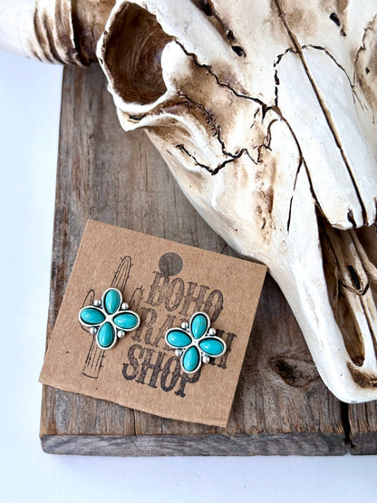 Western Stone Clover Stud Earrings: Turquoise