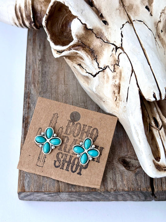 Western Stone Clover Stud Earrings: Turquoise