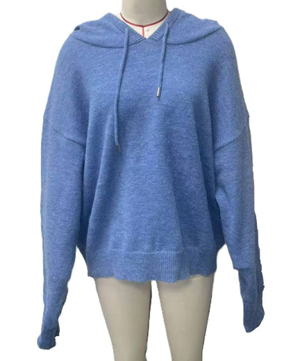Cozy Solid Drawstring Hooded Knit Sweater: Navy-Blue / L