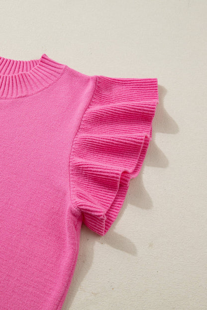 Ribbed Trim Ruffle Short Sleeve Sweater (S-4X): Sachet Pink