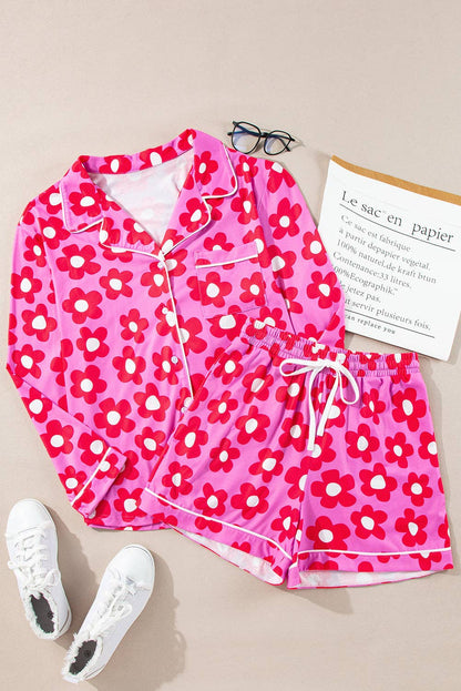 Solid Color Flower Print Long Sleeve Shirt Shorts Pajamas Set: Pink / 95%Polyester+5%Elastane