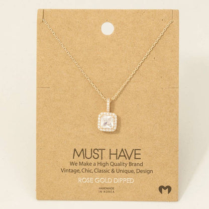 Gold Dipped Square Rhinestone Pendant Necklace: S