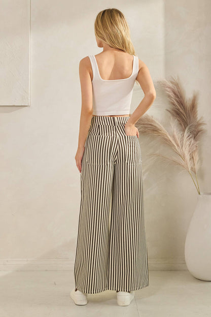 Lightweight Twill Stripe Wide Leg Pants: DK BROWN